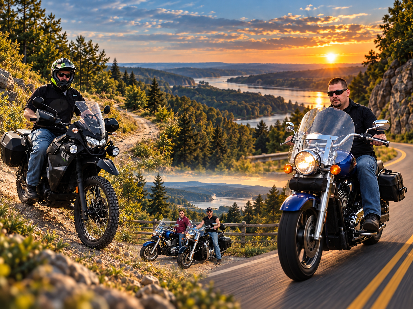 Fun on 2 Wheels adventure scene with motorcycles, back roads, and trails